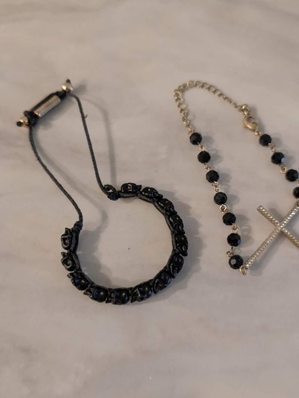 Set Of 2 Gothic Style Skull And Rosary Bracelet